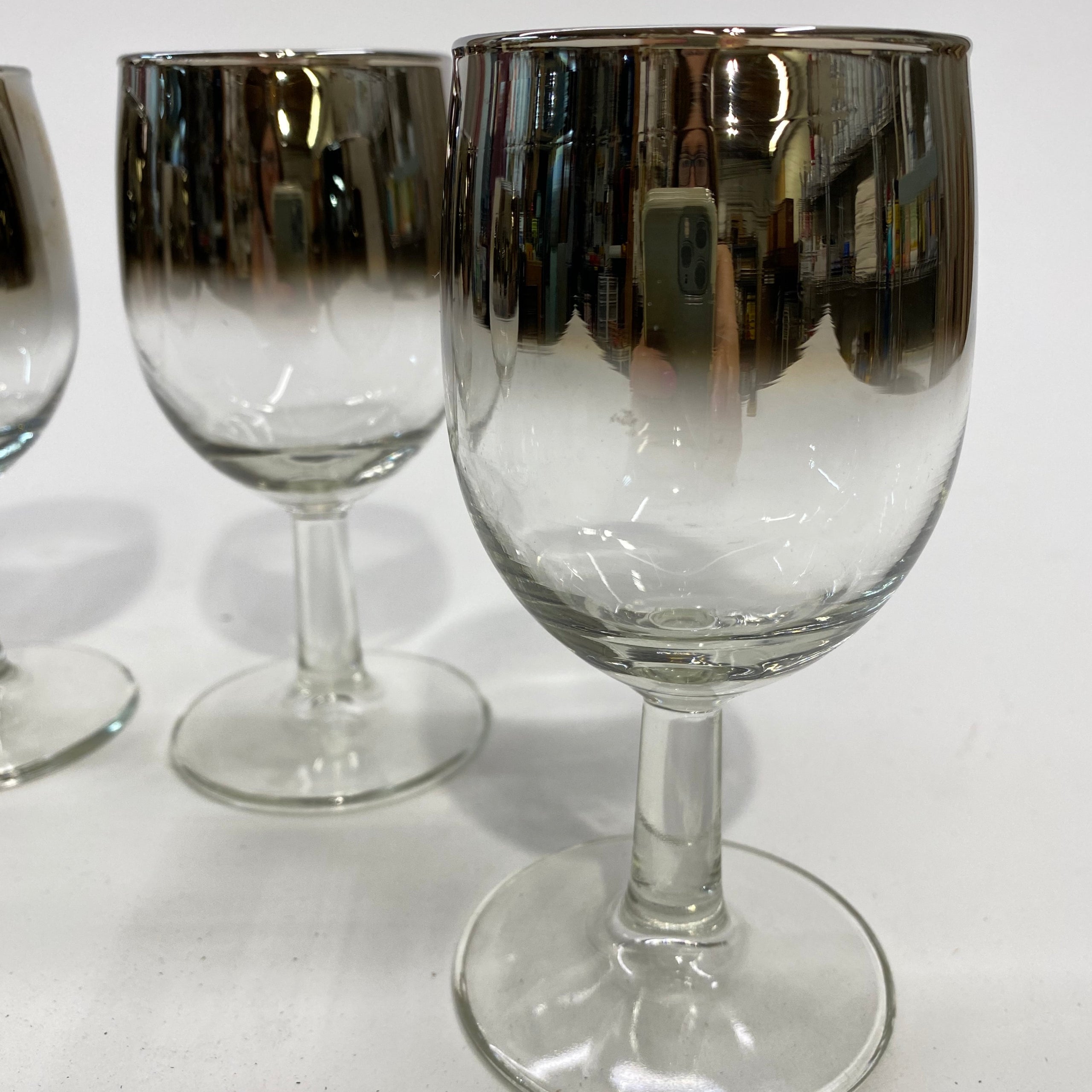 VTG French Faded Wine Glasses Platinum Textured Silver Ombre with Rack