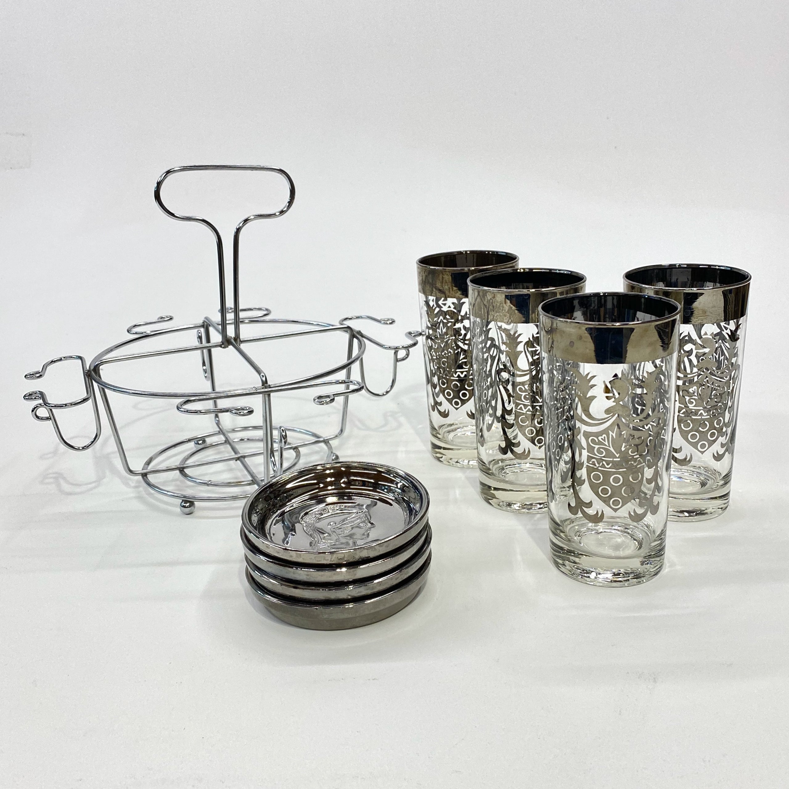 Vintage Kimiko Signed Silver High Ball Glasses Set of 8 with Carrying Caddy  60's For Sale at 1stDibs